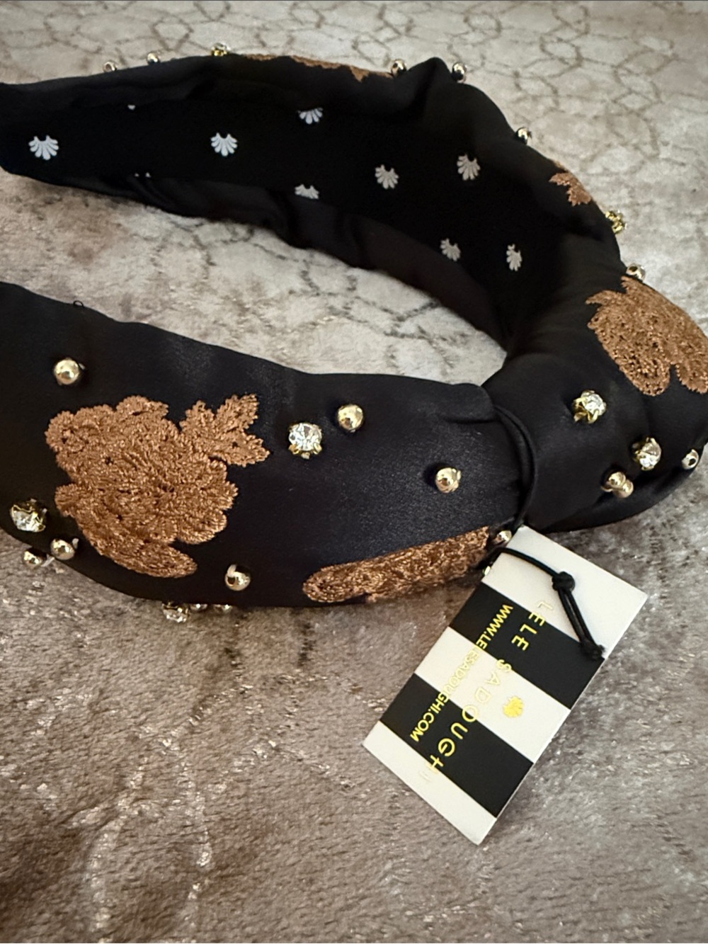 NWT Lele Sadoughi Black Headband with Gold Embroidered Floral Motifs and Studs